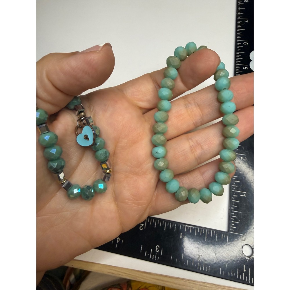 Beaded Stretch Bracelet Set Seafoam Green Teal Heart Lock Charm Bohemian 2pc